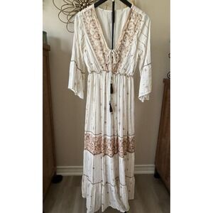 Magic Boho Embroidered Maxi Dress Womens S Cream Gold Tassel Tie Tiered Prairie